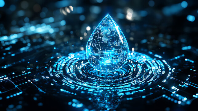 digital blue water drop icon with binary code, artificial intelligence in water resource management, hydrology modeling, environmental monitoring, analysis for sustainable conservation efforts