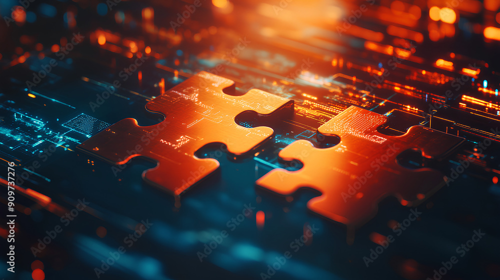 Poster digital representation of api integration concept with two interlocking puzzle pieces against a futu