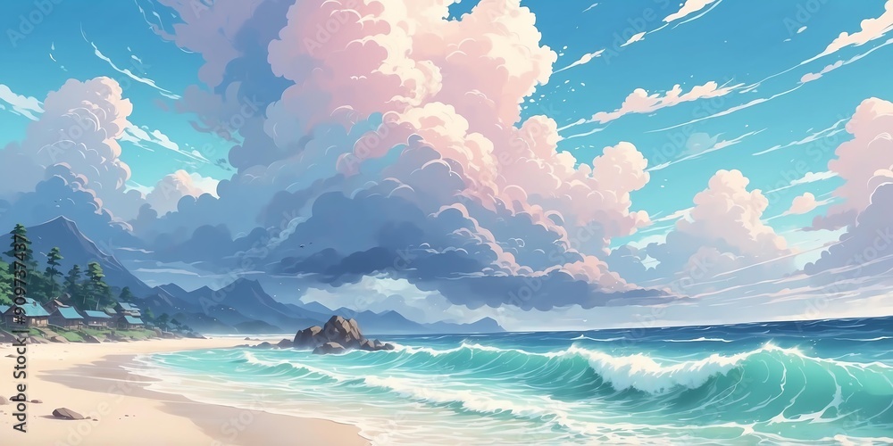 Wall mural soft pastel style anime casual sea storm scene for background