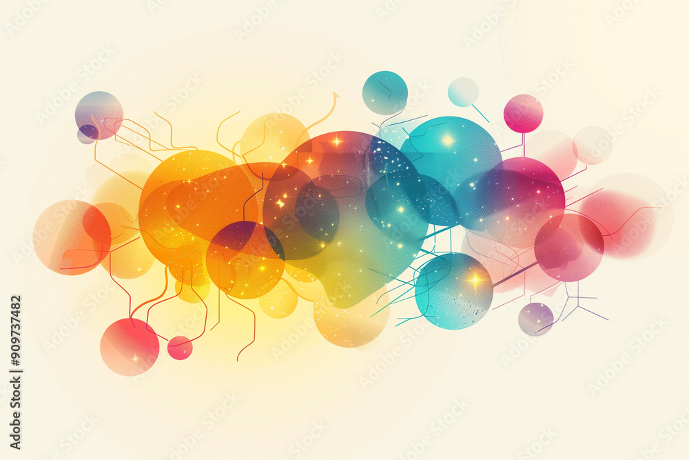 Poster abstract colorful circles with sparkles connected by lines
