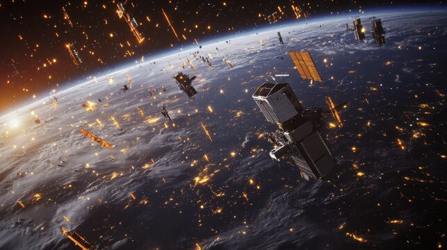 Numerous AI powered satellites gather and transmit vital data above Earth amidst a backdrop of stars and atmosphere