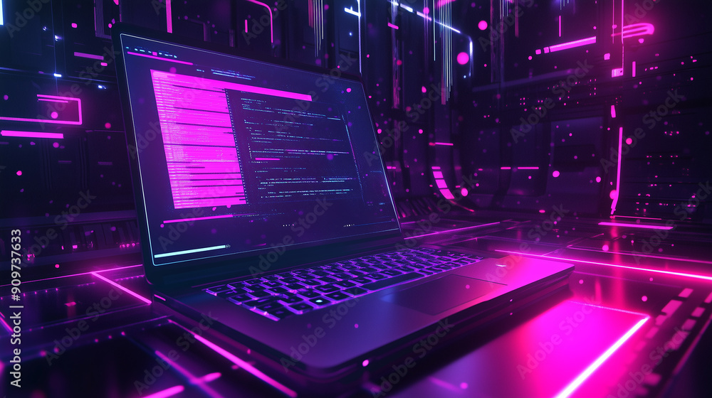 Poster a laptop is displayed on a computer chip with a purple background. the laptop is open and the screen