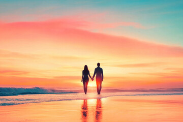 Fototapeta premium A couple holding hands at sunset with space for text.