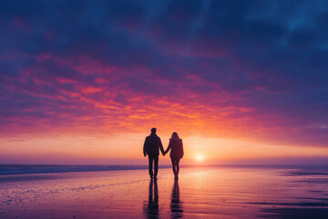 Fototapeta premium A couple holding hands at sunset with space for text.