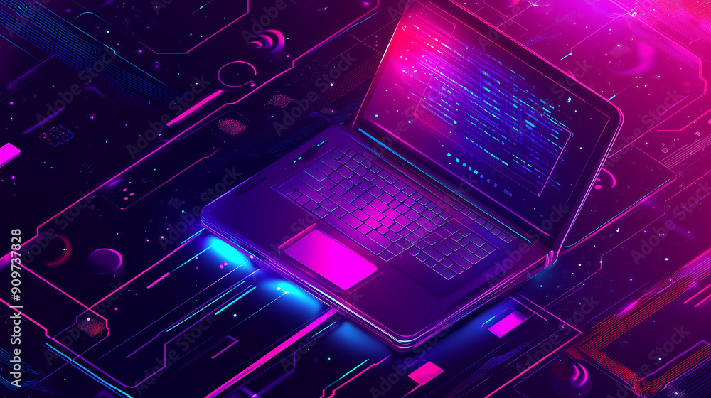 Poster a laptop is displayed on a computer chip with a purple background. the laptop is open and the screen
