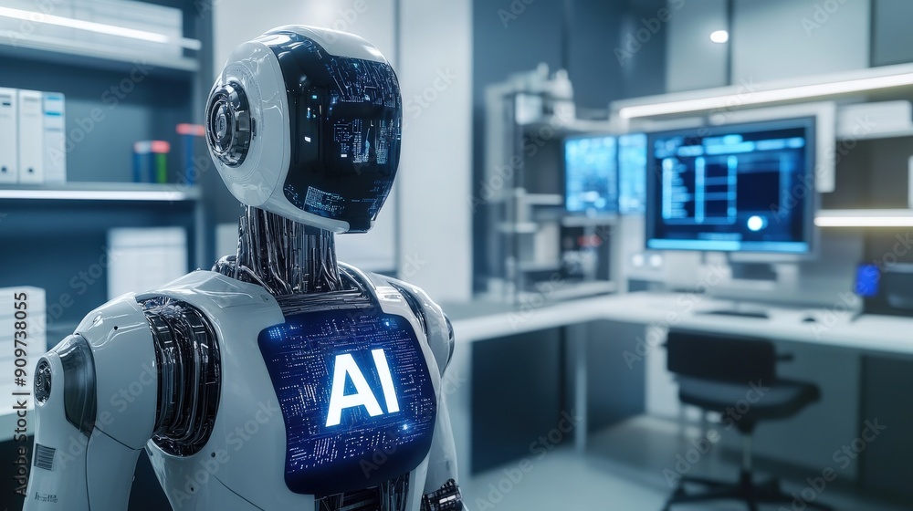 Poster a sleek robot stands in a high-tech laboratory, showcasing its advanced artificial intelligence capa
