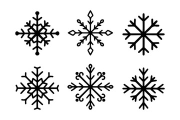 Collection of Six Black Snowflake Icons, Winter Vector Set for Holiday Design and Decorations