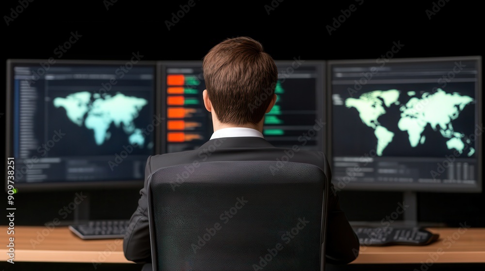 Poster professional man analyzing data on multiple monitors in a modern office environment with global maps
