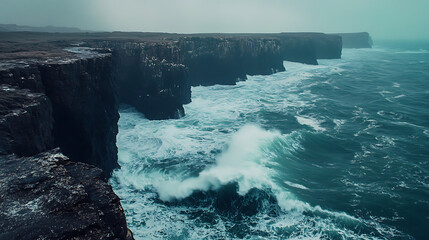 Fototapeta premium A rugged coastline, crashing waves, dramatic cliffs. Generative AI illustration 