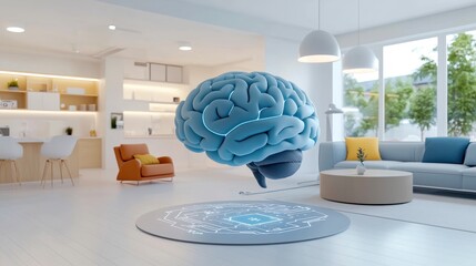 A floating blue brain illustration in a modern living room, representing creativity and innovative thinking.