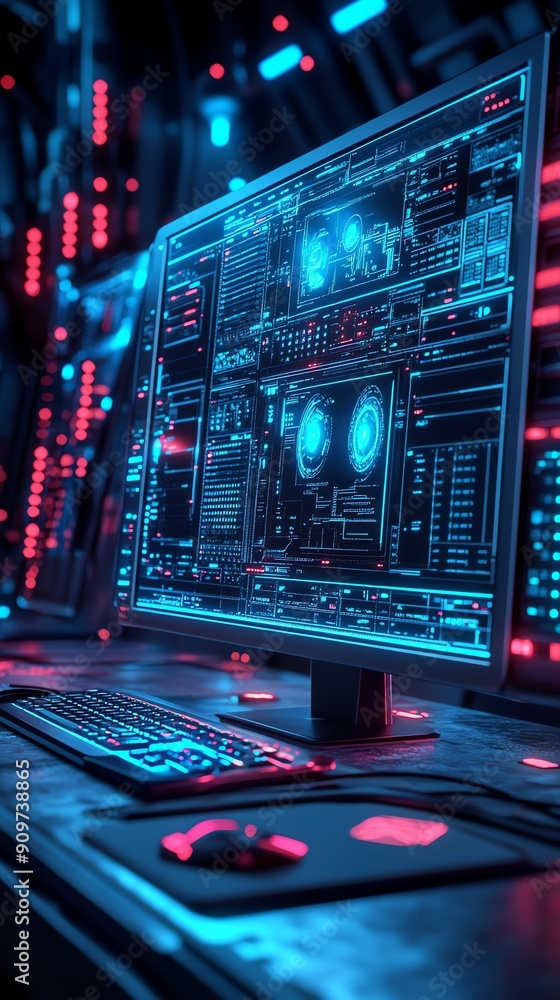 Aufkleber futuristic computer workstation with neon lights.