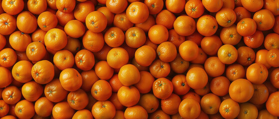 View of a bunch of fresh ripe Oranges fruits with neatly stacked leaves arranged from above on a wide flat textured background