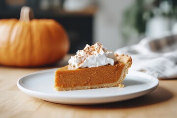 slice of pumpkin pie with whipped cream on a white plate