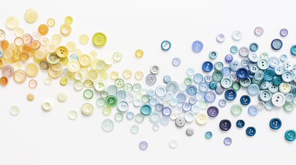 Colorful array of buttons, rainbow gradient on white, sewing supplies, vibrant colors concept