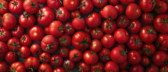 View of a bunch of fresh ripe Tomato vegetables with neatly stacked leaves arranged from above on a wide flat textured background

