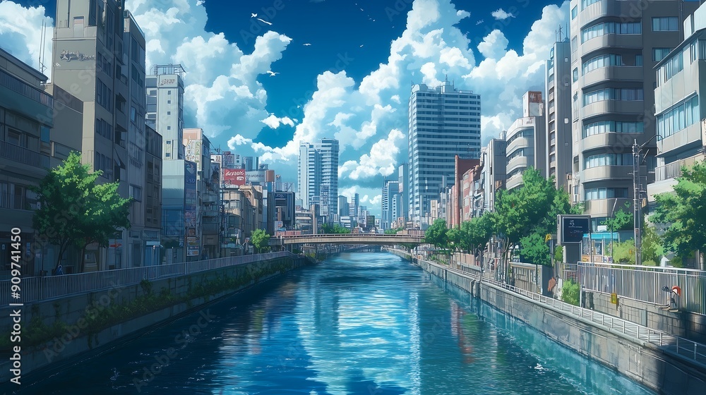 Wall mural river in the midle of city anime style