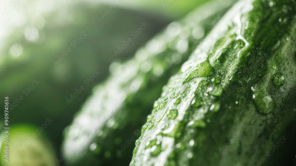 Wall mural Fresh cucumbers with water droplets, dewy green vegetables, close-up shot of healthy produce, farm freshness concept