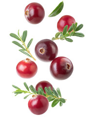 Fresh red cranberries with green leaves isolated on white background, showing the vibrant colors and natural textures of the fruit.