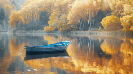 Serene blue boat on autumn lake, surrounded by vibrant fall foliage, reflecting in calm water, tranquil outdoor scene concept