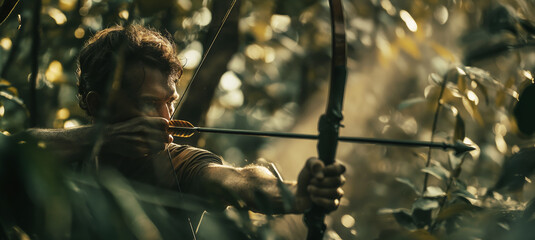 Archer focused, bow in hand, drawing arrow in natural, dense forest, aiming to shoot target, surrounded by foliage, natural light, concentration concept