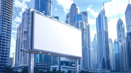 Large blank billboard in cityscape with modern high-rise buildings. Empty white advertising mockup