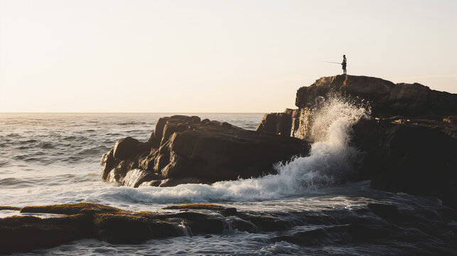 Fisherman standing on rocky cliff casting line into ocean at sunset, waves crashing against rocks, serene coastal scene, outdoor activity concept - Powered by Adobe