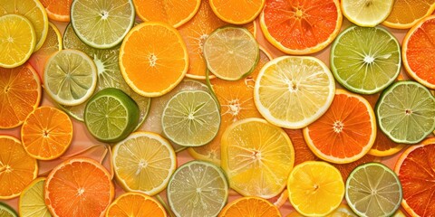 An artistic arrangement of sliced citrus fruits, including oranges, lemons, and limes, creating a bright and colorful pattern. 