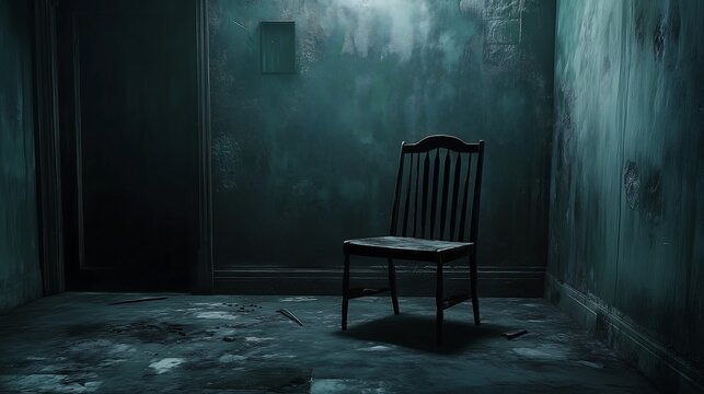 dark creepy room with single empty chair