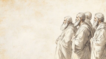 Fototapeta premium Biblical Illustration: Elders of Israel Supporting Moses Singing The Song of Moses in Deuteronomy - Bible Wall Art with Beige Background for Spiritual Guidance