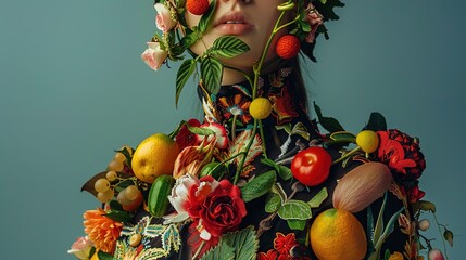 An ultra-high-definition photo presenting a trendy outfit with playful vegetables and fruits embroideries and prints.