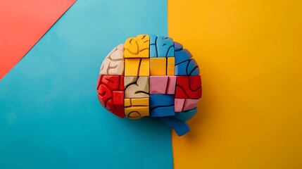 Human brain is made of multi colored wooden blocks isolated on colorful background