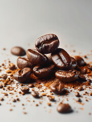 Fototapeta premium Delicious Freshly Roasted Coffee Beans on Light Grey Surface. Generative AI