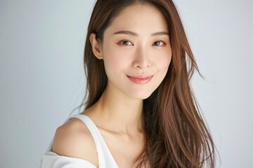 Young pretty woman with smile facial features looks in front of her on a solid color background, half body photo, copy space for text