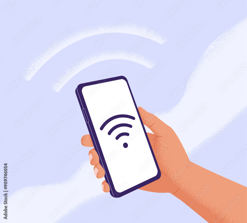Poster smartphone with wi fi symbol on screen. mobile phone in hand searching available wifi connection. wi