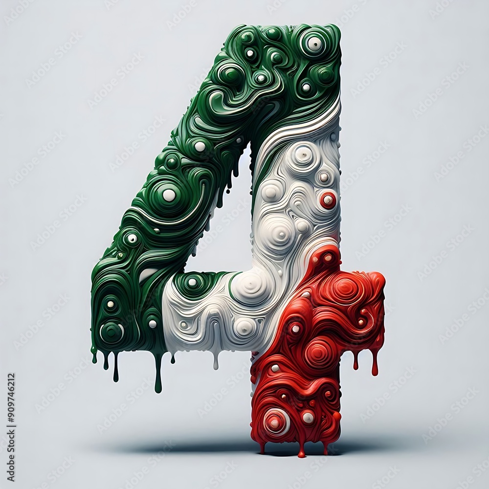 Poster the number 4 is made up of three different colors, red, white, and green. the design is abstract and