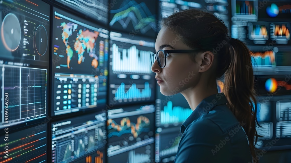 Poster businesswoman analyzing complex data visualizations on multiple screens in high tech office
