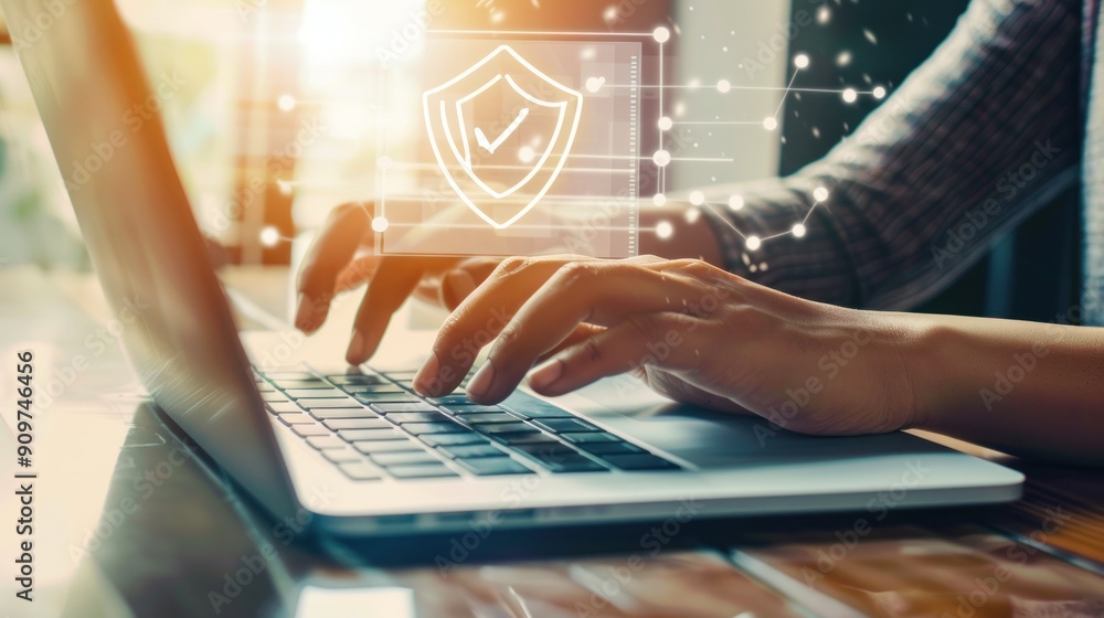 Poster secure online transactions: person typing on a laptop with a shield symbol