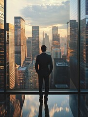 Fototapeta premium A person gazing out at the urban landscape, potential for use in editorial or conceptual photography