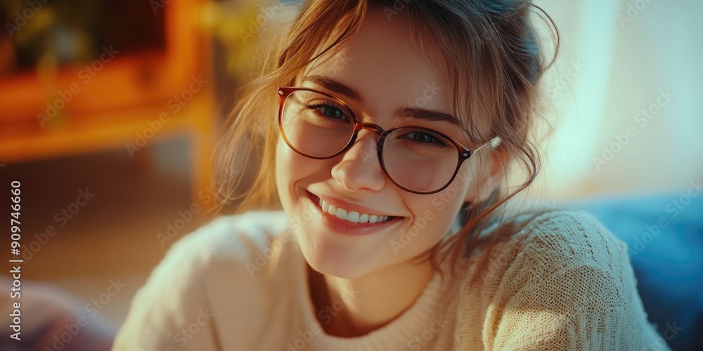 Wall mural A smiling woman wearing glasses and a sweater in casual attire