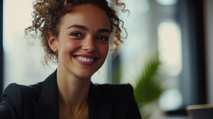 Obraz premium A happy woman with curly hair smiling directly at the camera
