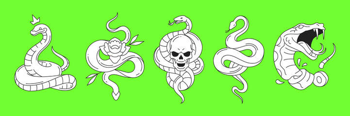 Y2k psychedelic snake with skull flower crown neo gothic outline vector illustrations set. Surreal horror vipers elements for stickers, prints and t-shirt designs