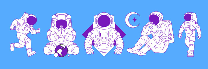 Y2k futuristic astronauts in spacesuit contemporary pop art vector illustrations set. Science fiction cosmonauts elements for sticker, print and t-shirt design