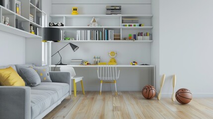 Modern Playroom with White Walls and a Grey Sofa