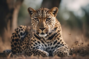 Obraz premium portrait leopard yawn open mouth tongue lick bush tree display teeth panthera closeup close dangerous fierce side view profile africa african animal big carnivore cat ferocious nature predator wild