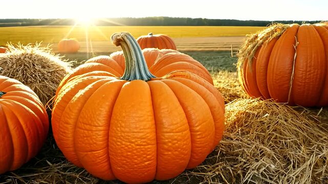 Vibrant orange pumpkins nestled among straw bales in a sunlit autumn field.