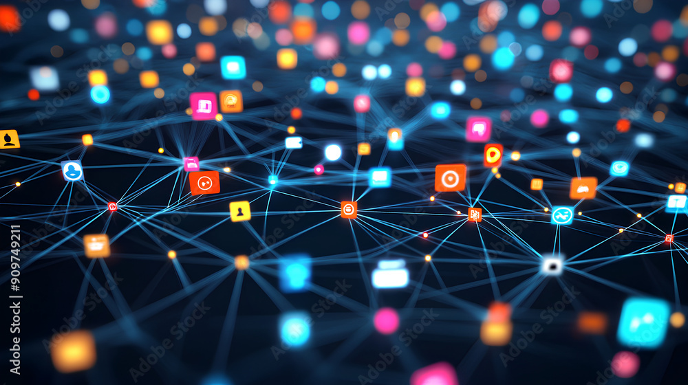 Poster growing network of connected colorful technology media icons and nodes moving