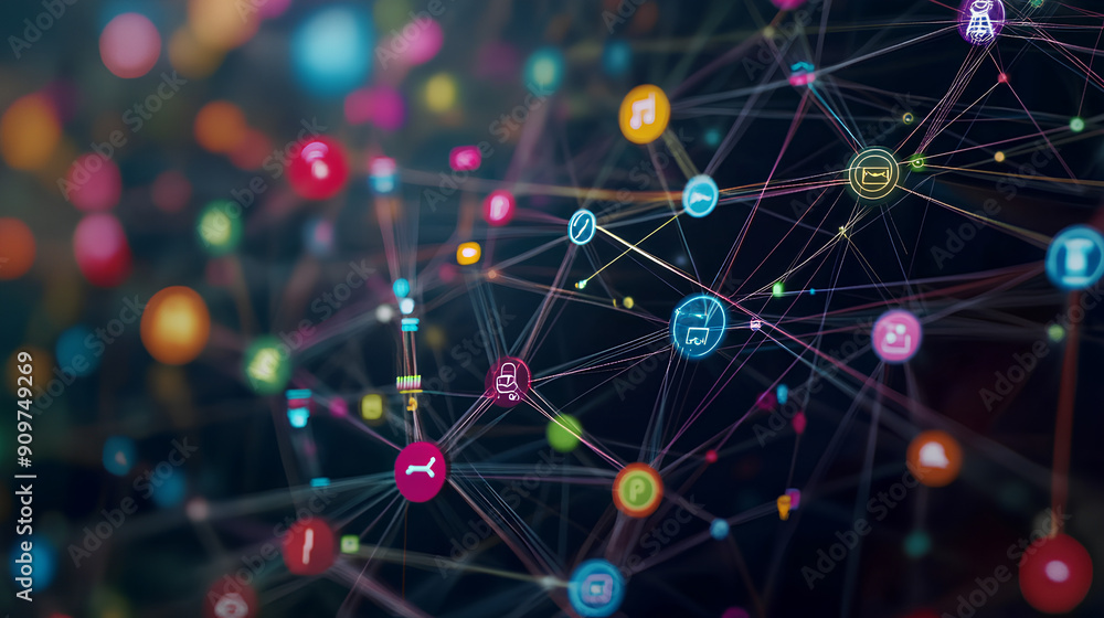 Poster growing network of connected colorful technology media icons and nodes moving