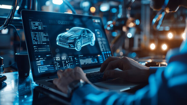 Certified expert using diagnostic laptop, modern workshop setting