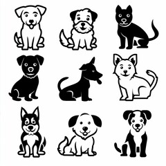 Cute dog icon set, pet animal flat silhouette, puppy icons, funny dog character pictogram, minimal woof sign