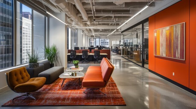 An office space designed in maximalist style, showcasing bold fonts, layered textures, and an unexpected color palette, with erratic layouts and overlapping shapes creating a dynamic environment